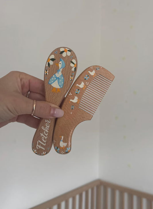Blue Goose Design Goose Baby Hairbrush + Comb, Hand-Painted, Birthday, Christmas, Baby Shower Gift