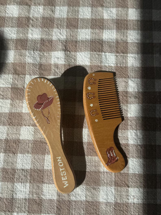 Cowboy Design Baby Boy Hairbrush + Comb, Hand-Painted, Birthday, Christmas, Baby Shower Gift