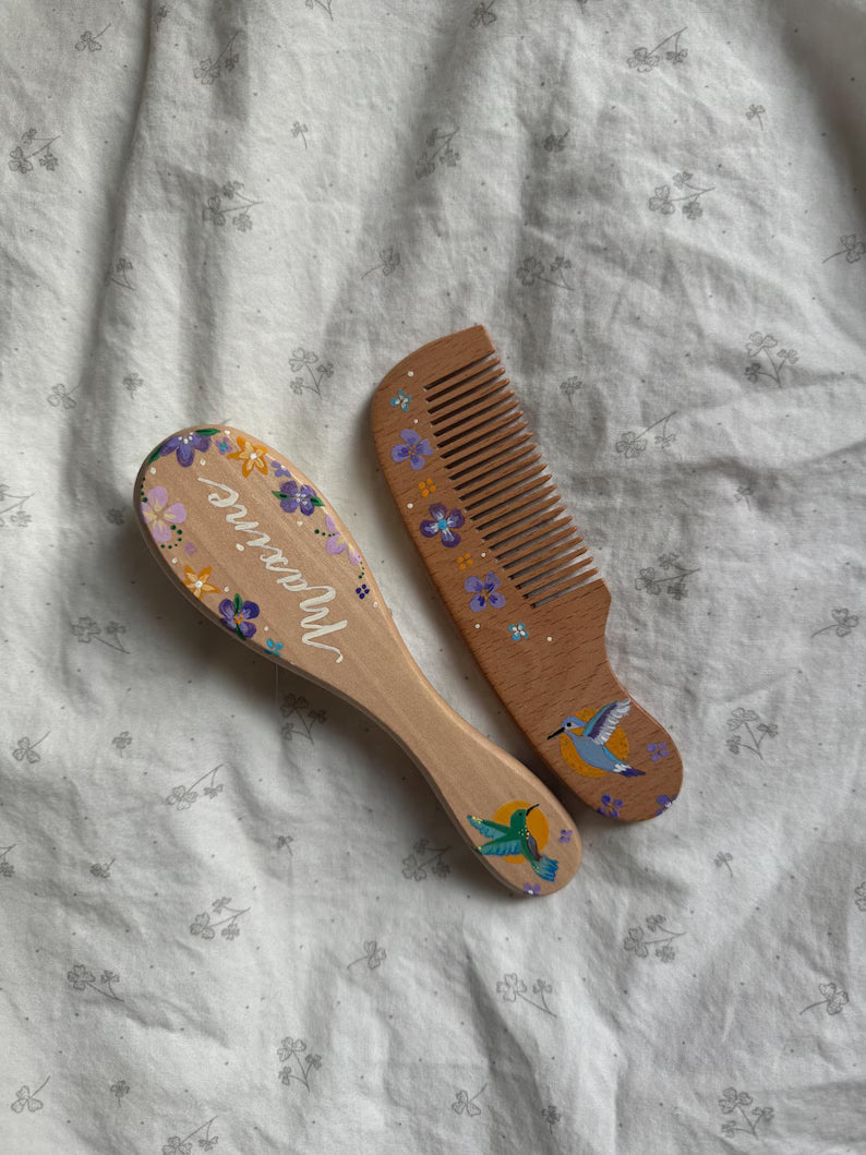 Birds Baby Hairbrush + Comb, Hand-Painted, Birthday, Christmas, Baby Shower Gift