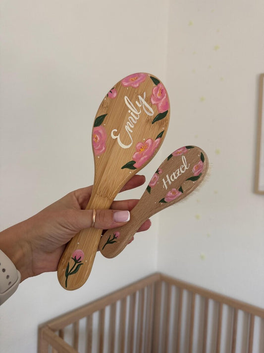 Birth Month Flower Design Personalized Mommy & Me Hairbrush Set - Hand-Painted Wooden Brushes