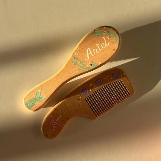 Ariel Design Disney Princess Baby Hairbrush + Comb, Hand-Painted, Birthday, Christmas, Baby Shower Gift