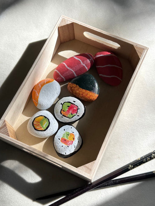 PAINTED SUSHI ROCKS perfect for your mud kitchen & indoor toddler kitchen