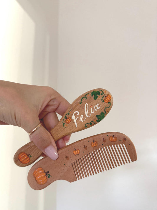 Pumpkins Baby Boy Hairbrush + Comb, Hand-Painted, Birthday, Christmas, Baby Shower Gift