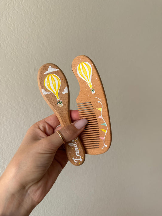 Yellow Air Balloon Baby Boy Hairbrush + Comb, Hand-Painted, Birthday, Christmas, Baby Shower Gift