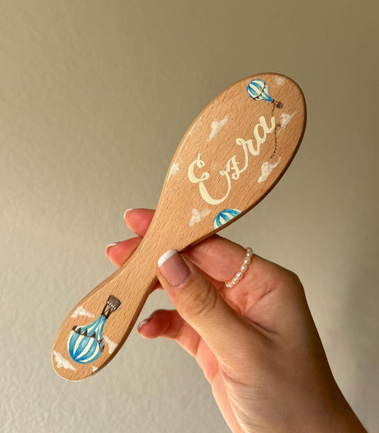 Blue Hot Air balloon Baby Boy Hairbrush + Comb, Hand-Painted, Birthday, Christmas, Baby Shower Gift