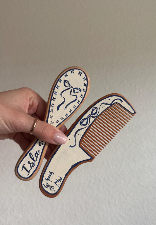 Blue ribbon Baby Hairbrush + Comb, Hand-Painted, Birthday, Christmas, Baby Shower Gift