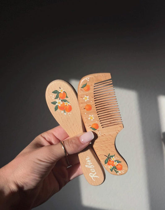 Orange Design Baby Hairbrush + Comb, Hand-Painted, Birthday, Christmas, Baby Shower Gift